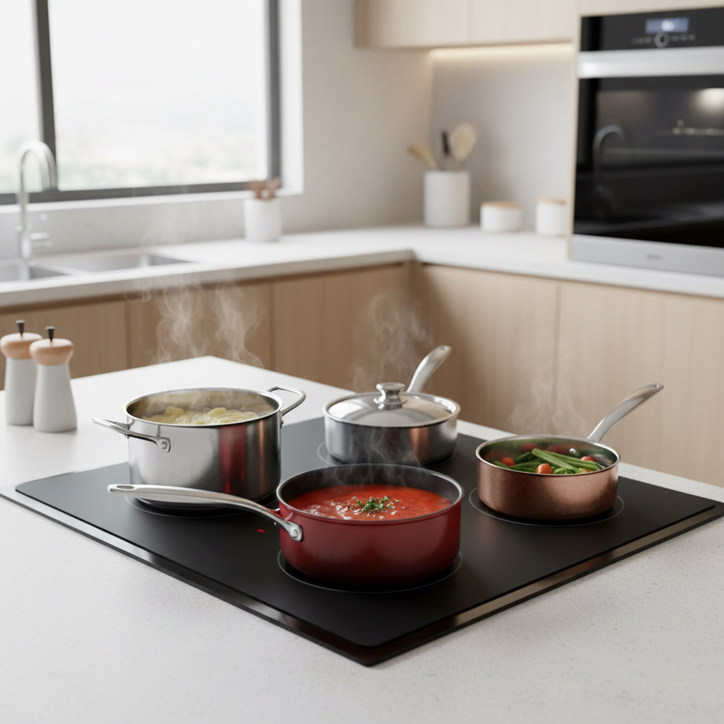 Modern kitchen with a stove top featuring various pots and pans with food.