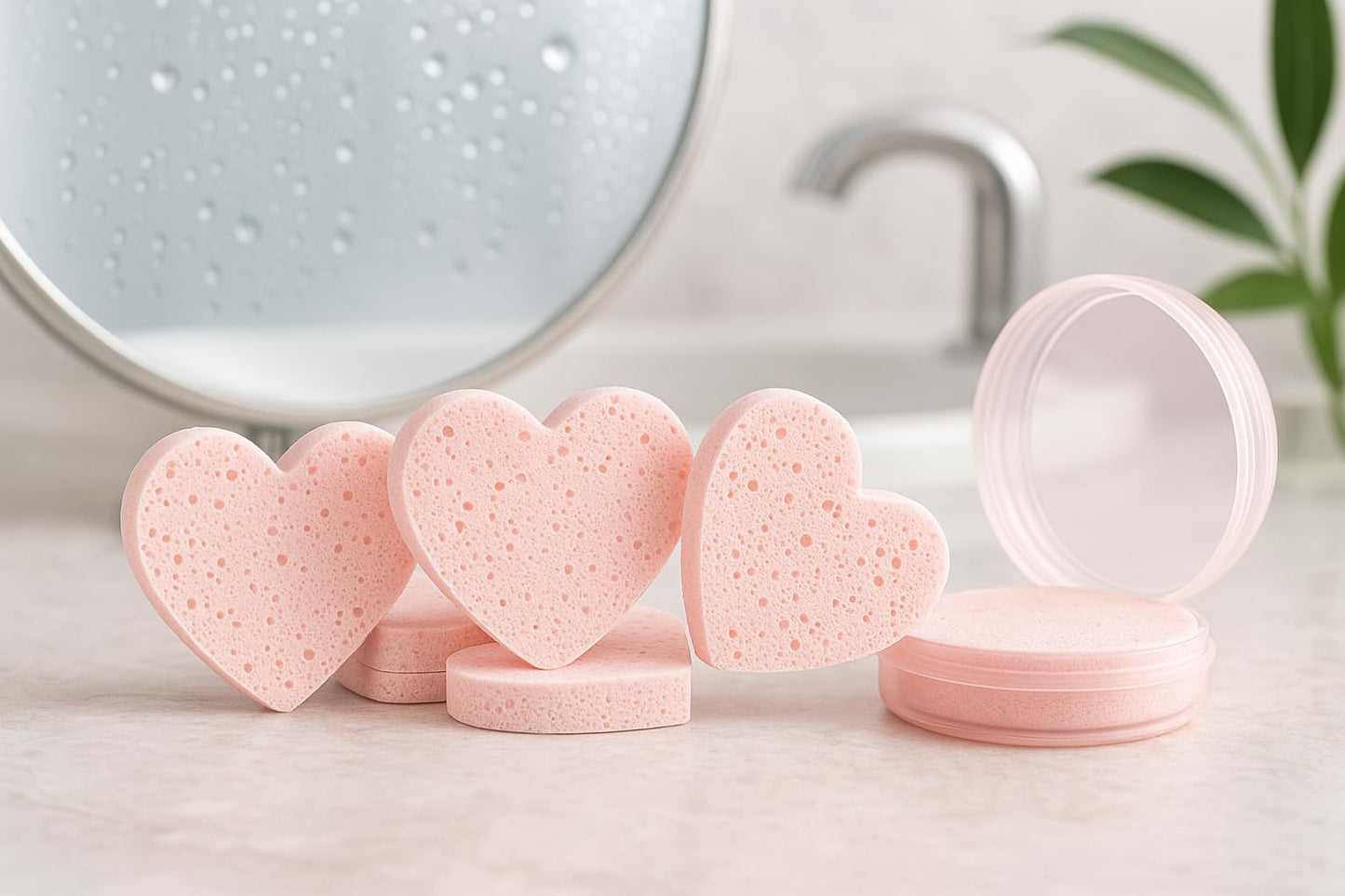 Heart-Shaped Compressed Face Sponges & Holder – Eye Make up Remover Reusable Qty 50pcs