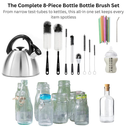 8-Piece Bottle Brush Set – Multi-Size Cleaning Brushes for Glasses, Wine, Kettles, Bottles & Test Tubes.