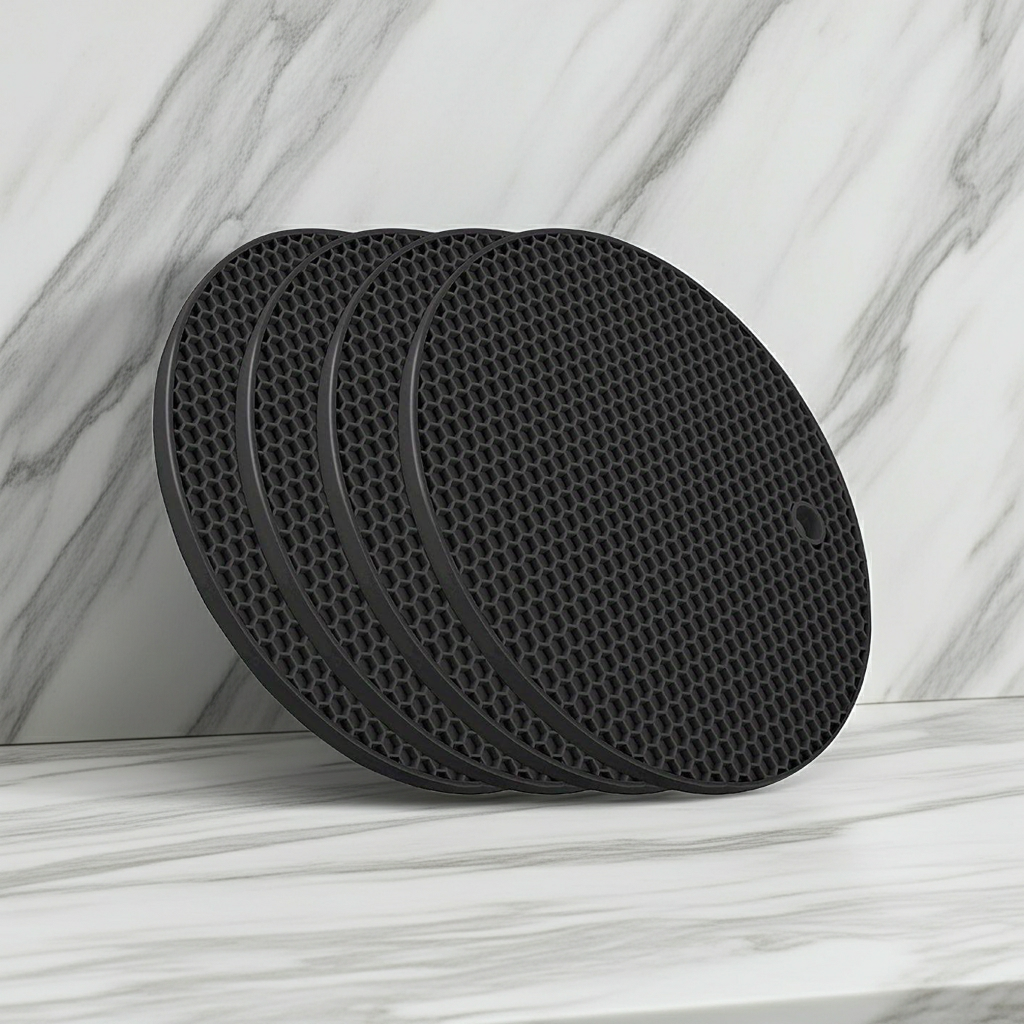 Black Heat-Resistant Silicone Trivets Non-Stick Pot Holders, Easy to Clean 7 inch 4 Pcs