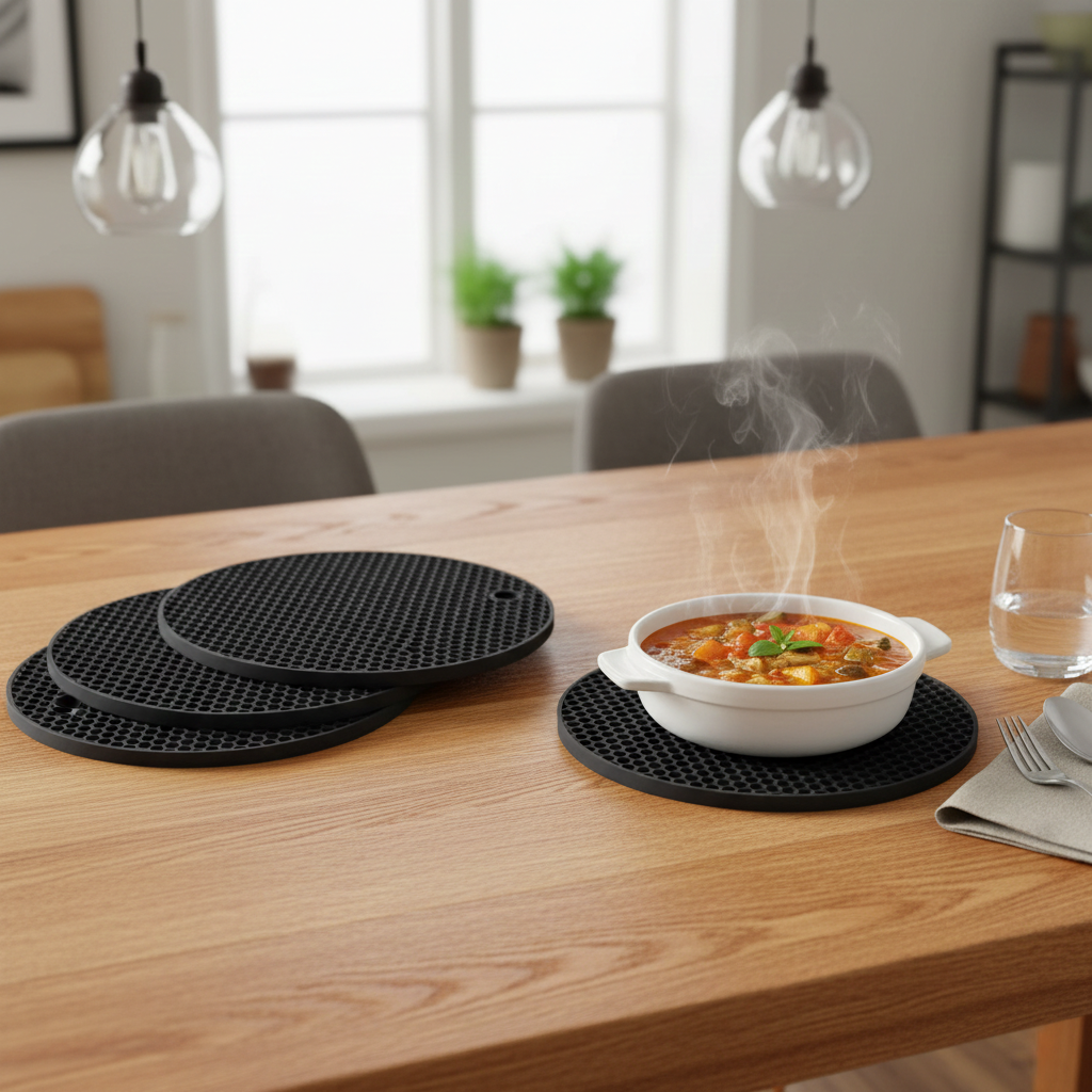 Black Heat-Resistant Silicone Trivets Non-Stick Pot Holders, Easy to Clean 7 inch 4 Pcs