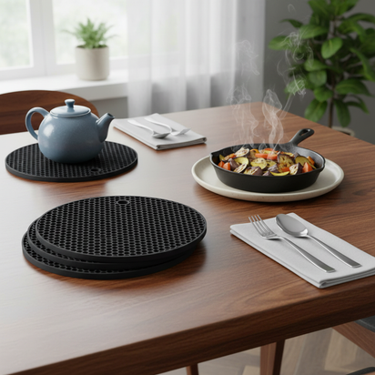 Black Heat-Resistant Silicone Trivets Non-Stick Pot Holders, Easy to Clean 7 inch 4 Pcs