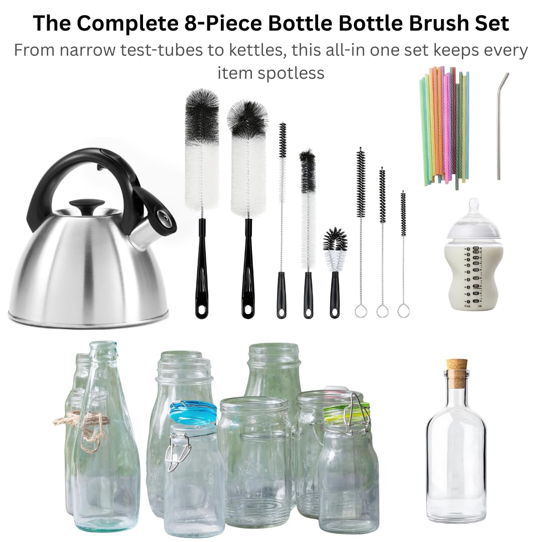 8-Piece Bottle Brush Set – Multi-Size Cleaning Brushes for Glasses, Wine, Kettles, Bottles & Test Tubes.